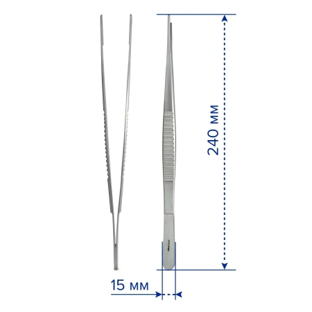 Пинцет сосудистый De Bakey атравматический, прямой, 240 мм, 2.0 мм, Apexmed